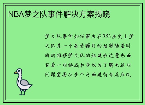 NBA梦之队事件解决方案揭晓