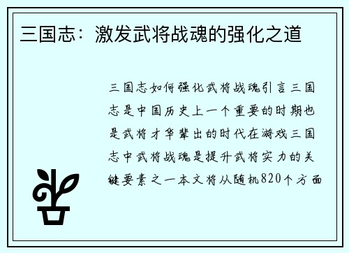 三国志：激发武将战魂的强化之道